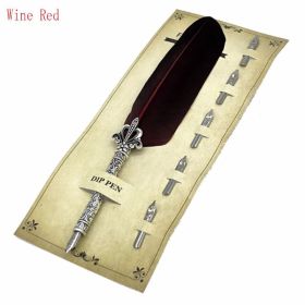 1 Set Vintage Quill Dip Pen Turkey Feather Pen Quill Oblique + 5 Nibs+ Pen Set Gift (size: Wine Red)