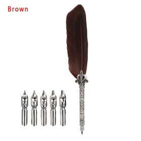 1 Set Multicolor Retro Quill Dip Pen Turkey Feather Pen Quill Oblique + 5 Nibs+ Pen Set Gift Writing Tools Office School Supply (Color: Brown)
